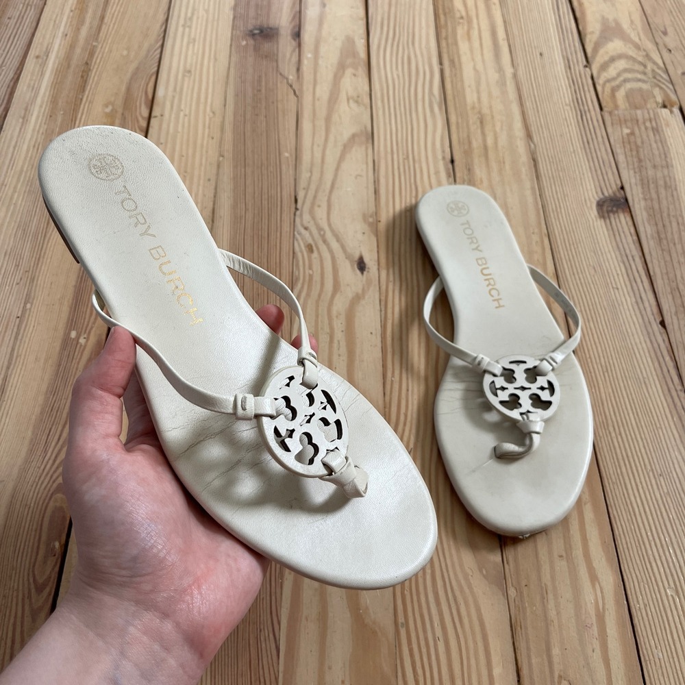 Tory Burch Miller Sandal Cream Leather Logo Thong Flats Women 9 Off White slipon